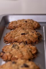 Vertical shot of oat cookies with dry fruits on a metal plate