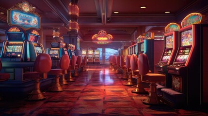 Interior of a hotel casino. Gambling slot machines, poker, and blackjack. Craps and betting on the Las Vegas strip, generative ai