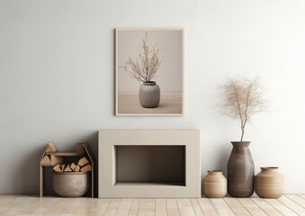 Empty horizontal frame mockup in modern minimalist interior with plant in trendy vase on white wall background. Template for artwork, painting, photo or poster, generative ai