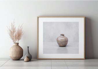 Fototapeta na wymiar Empty horizontal frame mockup in modern minimalist interior with plant in trendy vase on white wall background. Template for artwork, painting, photo or poster, generative ai