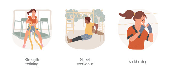 Workouts for teenagers isolated cartoon vector illustration set. Staying fit, girl doing rope exercises in gym, strength training, street workout equipment, teen kickboxing vector cartoon.