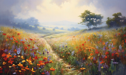  a painting of a field of flowers with a path leading to a tree in the distance and a sunbeam in the distance with clouds in the sky.  generative ai