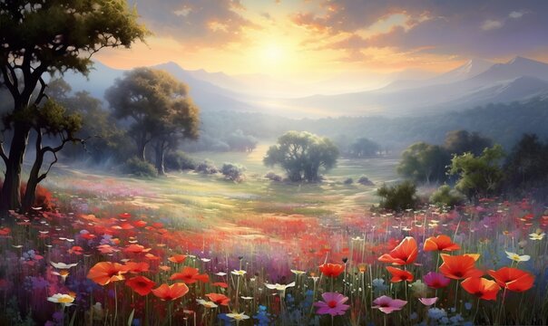  a painting of a field of flowers with the sun setting in the distance behind the trees and mountains in the distance, with a field of flowers in the foreground.  generative ai