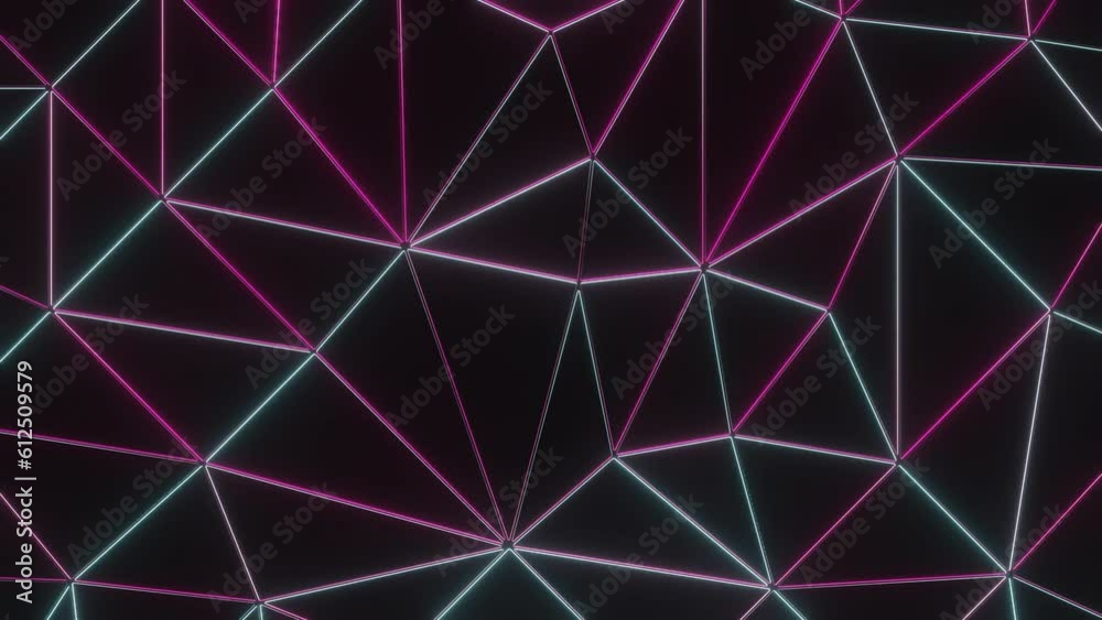 Poster Background with shimmering triangular grid. Design. Triangular grid with neon light. Triangular 3d grid with flickering neon light