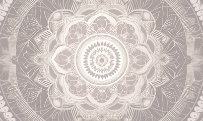  a circular design with a flower in the middle of the center of the image, in shades of gray and white, on a gray background.  generative ai