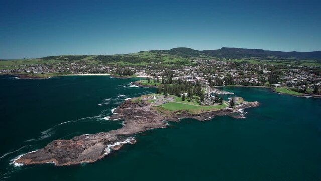 Aerial view of the shoreline of Kiama, that is located south of Wollongong seen on a sunny day