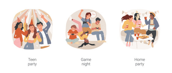 Teen party isolated cartoon vector illustration set. Diverse teenagers dancing, having fun, boys and girls grimacing, game night, play together, friends at home party, celebration vector cartoon.