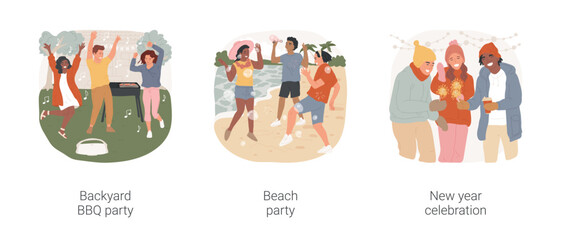 Fototapeta premium Outdoor party isolated cartoon vector illustration set. Birthday party on backyard, teen making BBQ, dancing and having fun at beach, new year celebration, teens holding sparklers vector cartoon.
