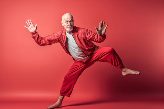 Elderly senior man in dynamic pose, wearing red shirt and pants, red background, studio portrait. Generative AI