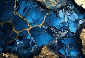 Sapphire blue marble stone with gold vein. Vivid graphite texture geode wallpaper background. - obrazy, fototapety, plakaty