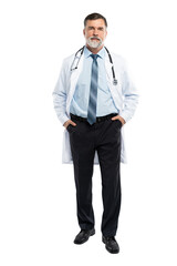 Full body portrait of happy smiling doctor, isolated on transparent background.