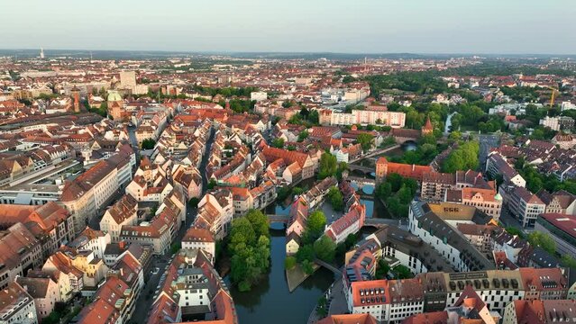 Aerial view of Nuremberg in historic city centre, Bavaria from above, Germany, Europe