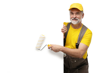 Portrait of a mature friendly painter. Isolated on transparent