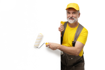 Portrait of a mature friendly painter. Isolated on transparent