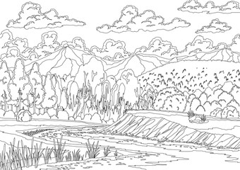 Landscape with river flowing through hills, scenic fields, forest and mountains. Beautiful scene with river bank, trees and clouds. Coloring style illustration