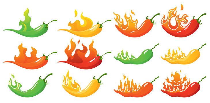 Spicy level. Hot chili pepper icons set with flame and color rating of mild, medium hot and extra hot. Level of pepper sauce or snack food