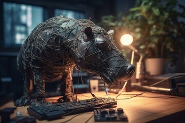 Fototapeta na wymiar A hippopotamus hacking on a computer by coding. Generative AI
