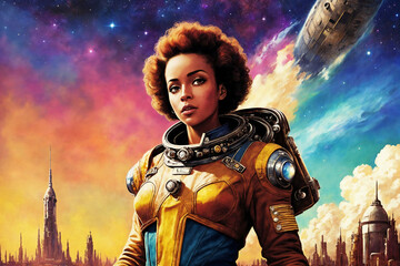 Obraz premium Portrait of a beautiful woman as an astronaut, space theme in the retro futurism style of the 60s. Generative AI.