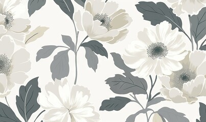  a white and gray floral wallpaper with leaves and flowers on it's sides and a gray and white flower pattern on the back of the wall.  generative ai