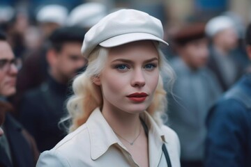 beautiful blonde in a hat,spy villain aliens on watch, police usndercover, lurking in crowds, AI generated