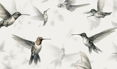  a group of birds flying through the air next to each other on a white background with a pattern of birds flying around them on a white background.  generative ai