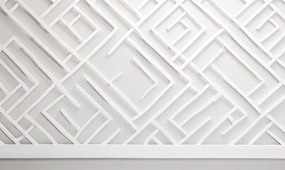  a clock is sitting on a table in front of a white wall with a geometric pattern on the wall behind it and a clock on the wall.  generative ai