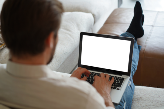 Male remote working from home and having work confrence video call, transparent screen.