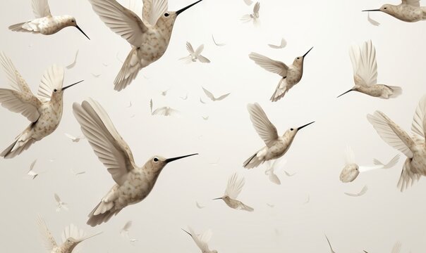  a flock of white birds flying through the air next to a white wall with birds flying around it and a bird in the middle of the photo.  generative ai