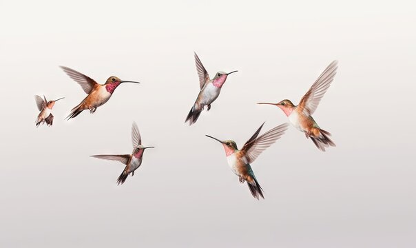  a group of birds flying through the air together in formation with each other's wings spread out and their beaks extended out to the other side of the birds.  generative ai
