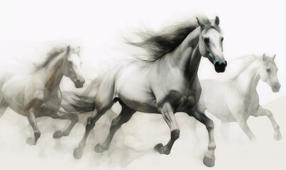  a group of horses running in a line on a white background with a blurry image of the horses in the foreground and the background.  generative ai