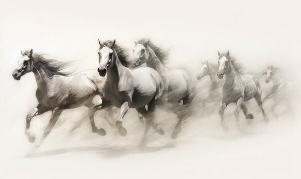  a group of horses running in a line on a white background with a black and white photo of the horses running in the same direction.  generative ai