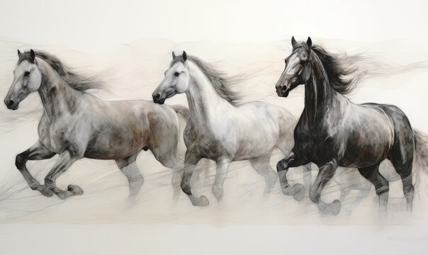  a group of three horses running side by side in a line on a white background with long hair blowing in the wind, in front of a white background is a white wall.  generative ai
