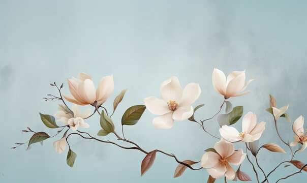  a painting of a branch with flowers and leaves on a blue background with a white cloud in the sky behind it and a light blue background with white clouds.  generative ai