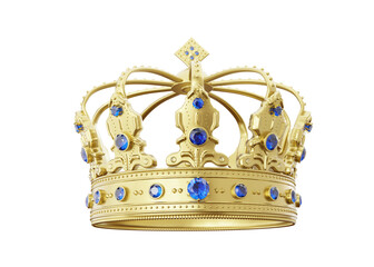 3d royal golden crown with blue diamonds on isolated background. Textured king gold crown. 3d...