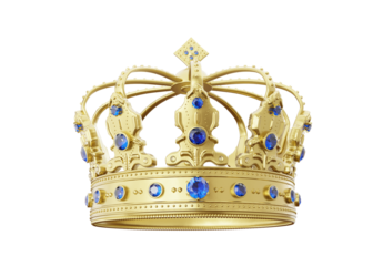 3d royal golden crown with blue diamonds on isolated background. Textured king gold crown. 3d rendering illustration..