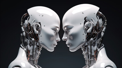 Robot Faces or two futuristic cyborg heads looking at each other. Isolated on a black background. love or friendship between robots, a new reality is the future of humanity. Generative AI