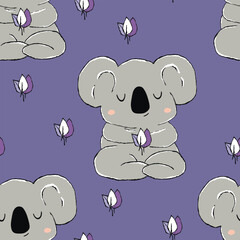 Seamless pattern with cute koala baby on color background. Funny australian animals. Card, postcards for kids. Flat vector illustration for fabric, textile, wallpaper, poster, paper