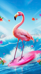 a cute surfing flamingo on pink surfboard in a wave, generative ai illustration