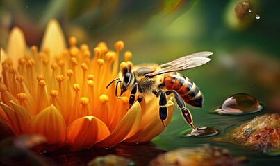 Naklejka premium a painting of a bee on a flower with water droplets on the surface of the image and a drop of water on the bottom of the flower. generative ai