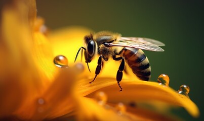  a bee on a yellow flower with water droplets on it's petals and a green back ground with a green back ground and a green back ground.  generative ai