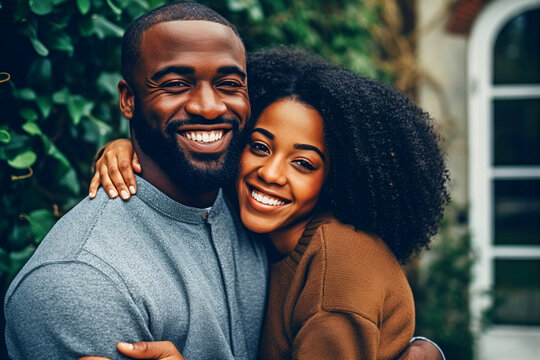 portrait of two black skin people man and woman hugging