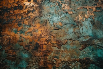Old grunge copper bronze rusty texture background. Distressed cracked patina siding. Generative AI