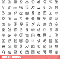 100 ad icons set. Outline illustration of 100 ad icons vector set isolated on white background