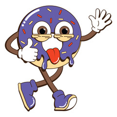 Retro groovy donut character. Retro cartoon character. Vector illustration in trendy 60s, 80s style.