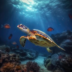 Fototapeta na wymiar Turtle swimming in the deep sea, underwater photography. Generative AI