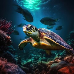 Fototapeta premium Turtle swimming in the deep sea, underwater photography. Generative AI