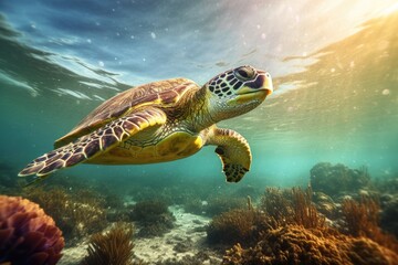 Obraz premium Turtle swimming in the deep sea, underwater photography. Generative AI
