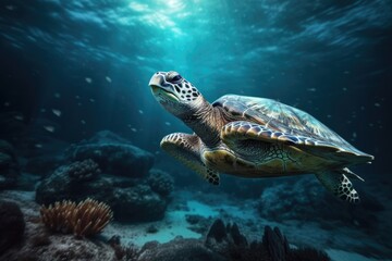 Obraz na płótnie Canvas Turtle swimming in the deep sea, underwater photography. Generative AI