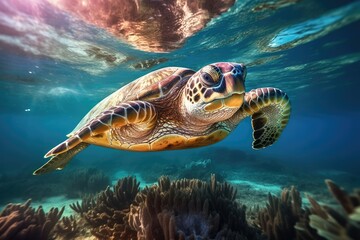 Fototapeta premium Turtle swimming in the deep sea, underwater photography. Generative AI