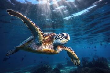 Naklejka na ściany i meble Turtle swimming in the deep sea, underwater photography. Generative AI